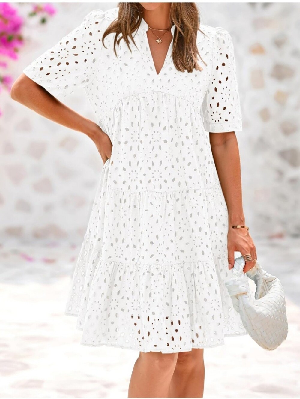 White Boho Embroidered Lace Eyelet Tiered Summer Mini Dress- Full & Plus Sizes - Picture 7 of 9